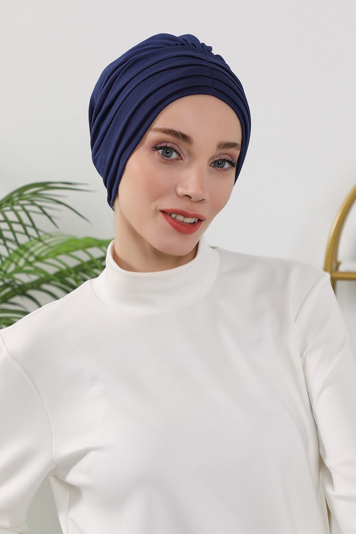 Shirred Elegance Turban for Women for All Seasons, Ready to Wear Stretchy Headwrap for Women, Breathable One Size Modest Hijab Cap for Everyday and Special Occasions,B-13O Navy Blue
