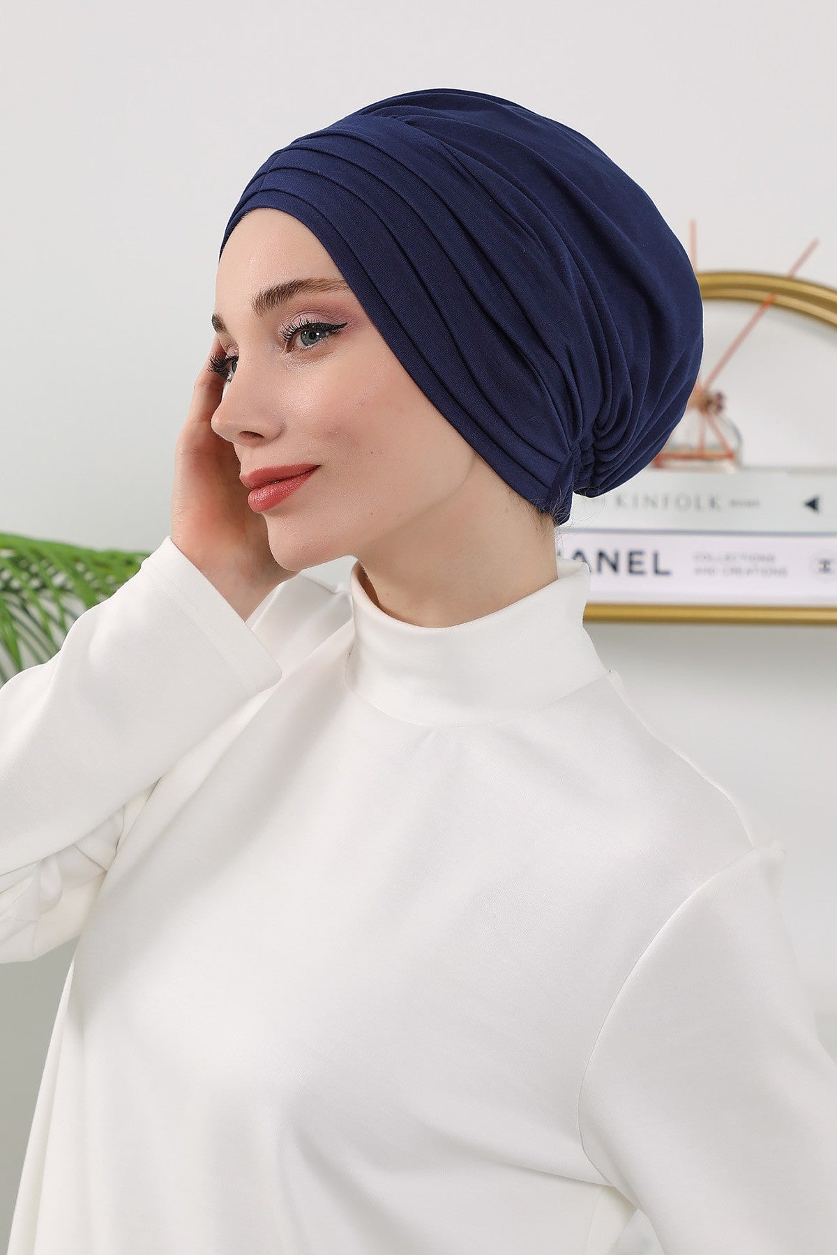 Shirred Elegance Turban for Women for All Seasons, Ready to Wear Stretchy Headwrap for Women, Breathable One Size Modest Hijab Cap for Everyday and Special Occasions,B-13O Navy Blue