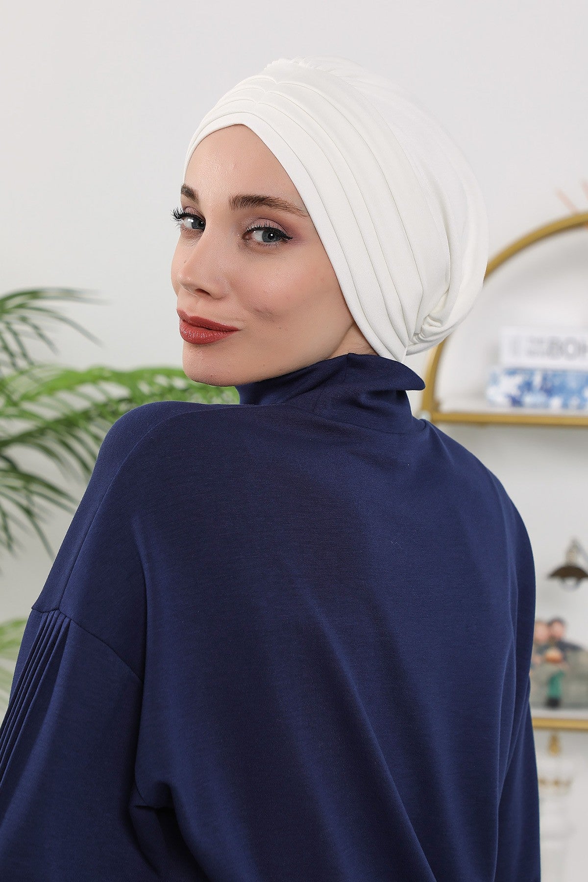 Shirred Elegance Turban for Women for All Seasons, Ready to Wear Stretchy Headwrap for Women, Breathable One Size Modest Hijab Cap for Everyday and Special Occasions,B-13O Ecru
