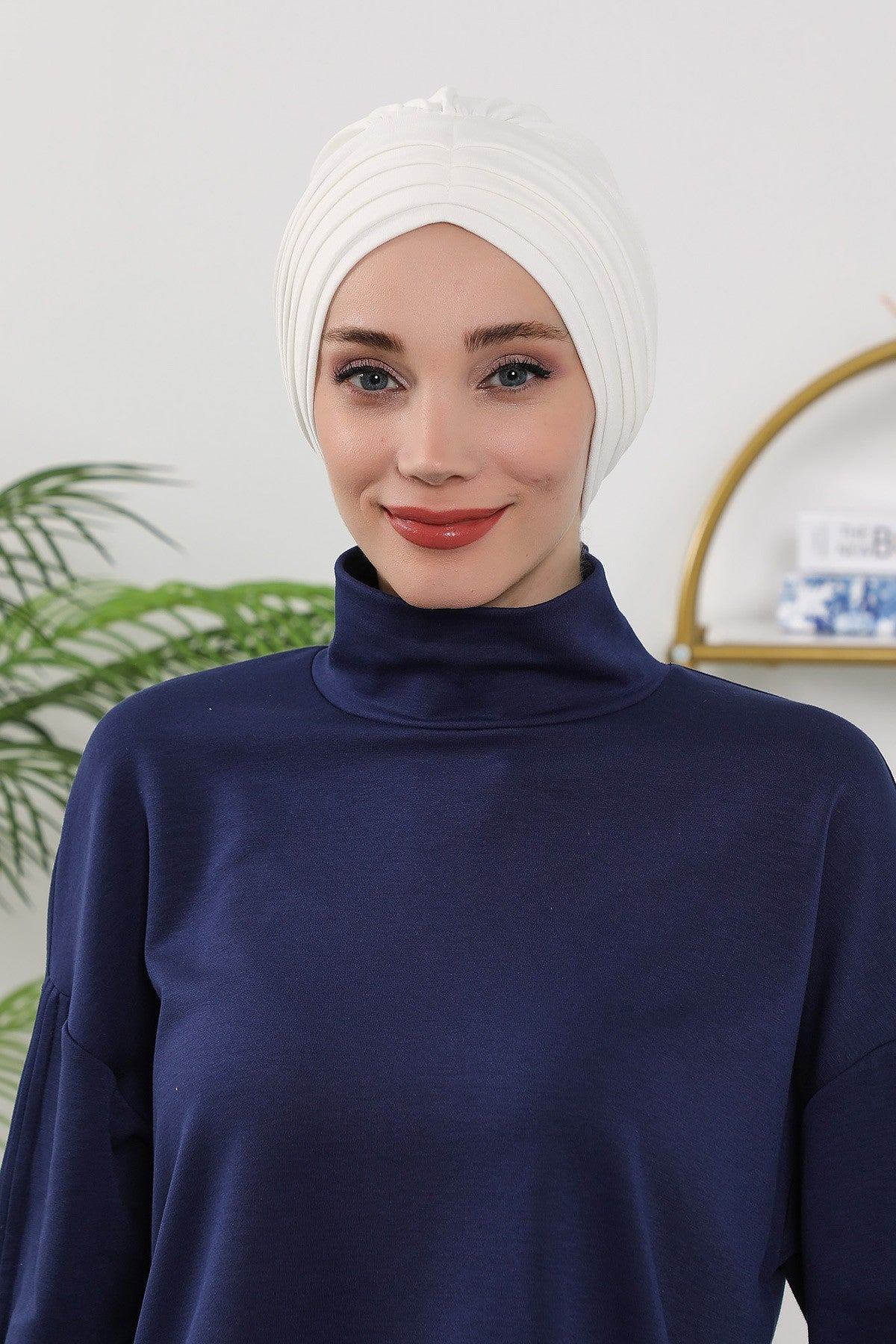 Shirred Elegance Turban for Women for All Seasons, Ready to Wear Stretchy Headwrap for Women, Breathable One Size Modest Hijab Cap for Everyday and Special Occasions,B-13O Ecru