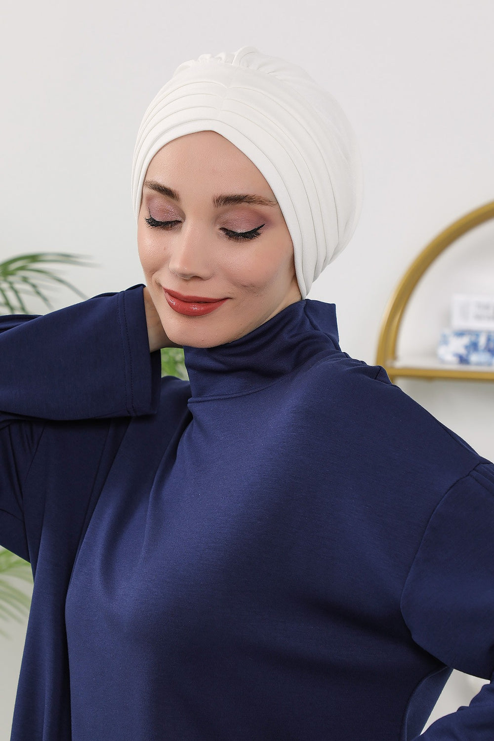 Shirred Elegance Turban for Women for All Seasons, Ready to Wear Stretchy Headwrap for Women, Breathable One Size Modest Hijab Cap for Everyday and Special Occasions,B-13O Ecru