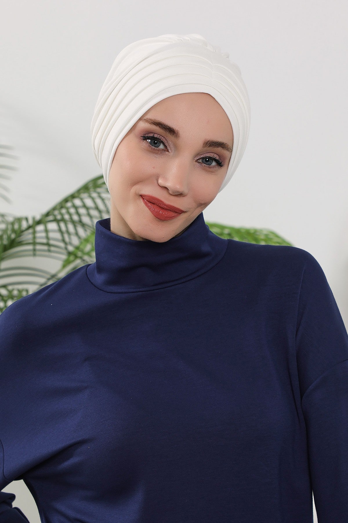 Shirred Elegance Turban for Women for All Seasons, Ready to Wear Stretchy Headwrap for Women, Breathable One Size Modest Hijab Cap for Everyday and Special Occasions,B-13O Ecru