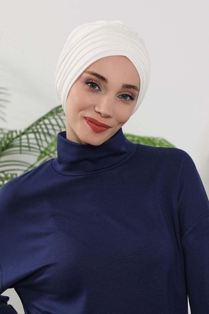 Shirred Elegance Turban for Women for All Seasons, Ready to Wear Stretchy Headwrap for Women, Breathable One Size Modest Hijab Cap for Everyday and Special Occasions,B-13O