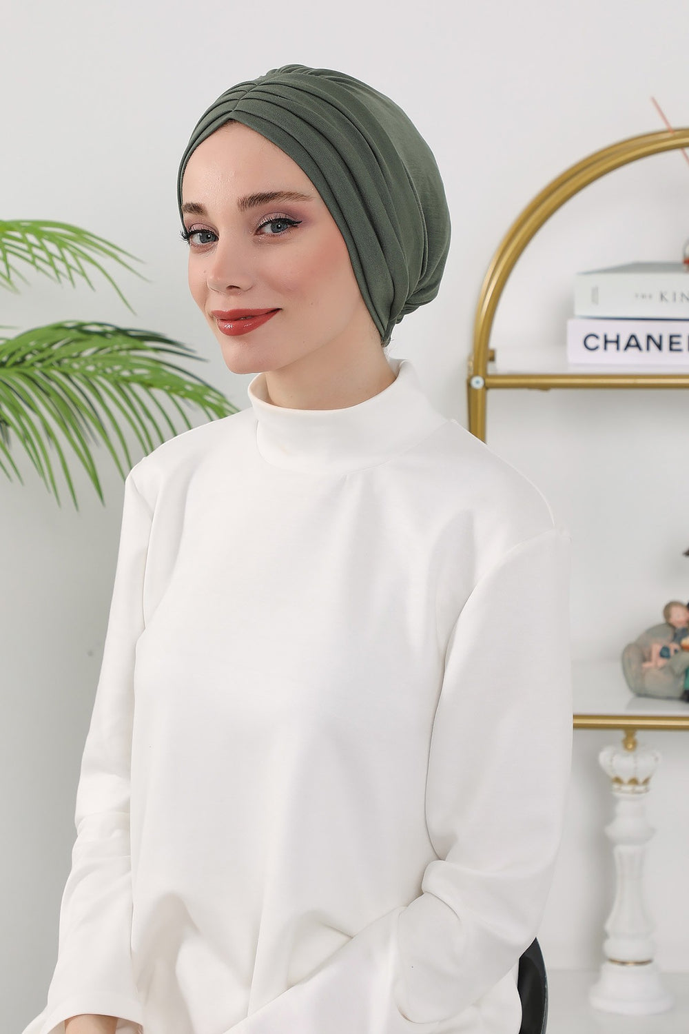 Shirred Elegance Turban for Women for All Seasons, Ready to Wear Stretchy Headwrap for Women, Breathable One Size Modest Hijab Cap for Everyday and Special Occasions,B-13O Army Green