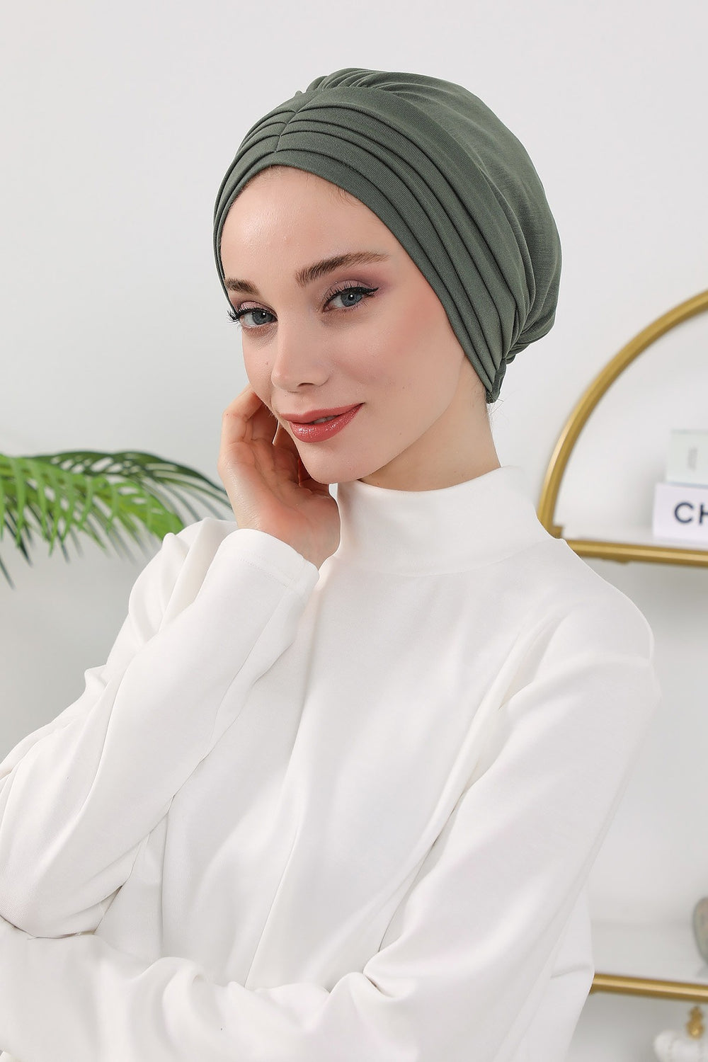 Shirred Elegance Turban for Women for All Seasons, Ready to Wear Stretchy Headwrap for Women, Breathable One Size Modest Hijab Cap for Everyday and Special Occasions,B-13O Army Green