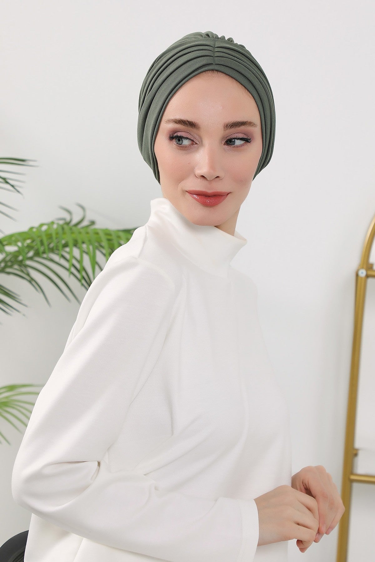 Shirred Elegance Turban for Women for All Seasons, Ready to Wear Stretchy Headwrap for Women, Breathable One Size Modest Hijab Cap for Everyday and Special Occasions,B-13O Army Green