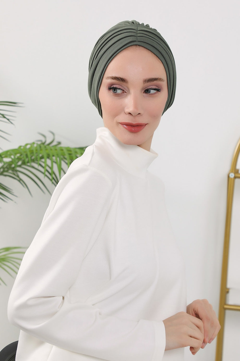 Shirred Elegance Turban for Women for All Seasons, Ready to Wear Stretchy Headwrap for Women, Breathable One Size Modest Hijab Cap for Everyday and Special Occasions,B-13O Army Green