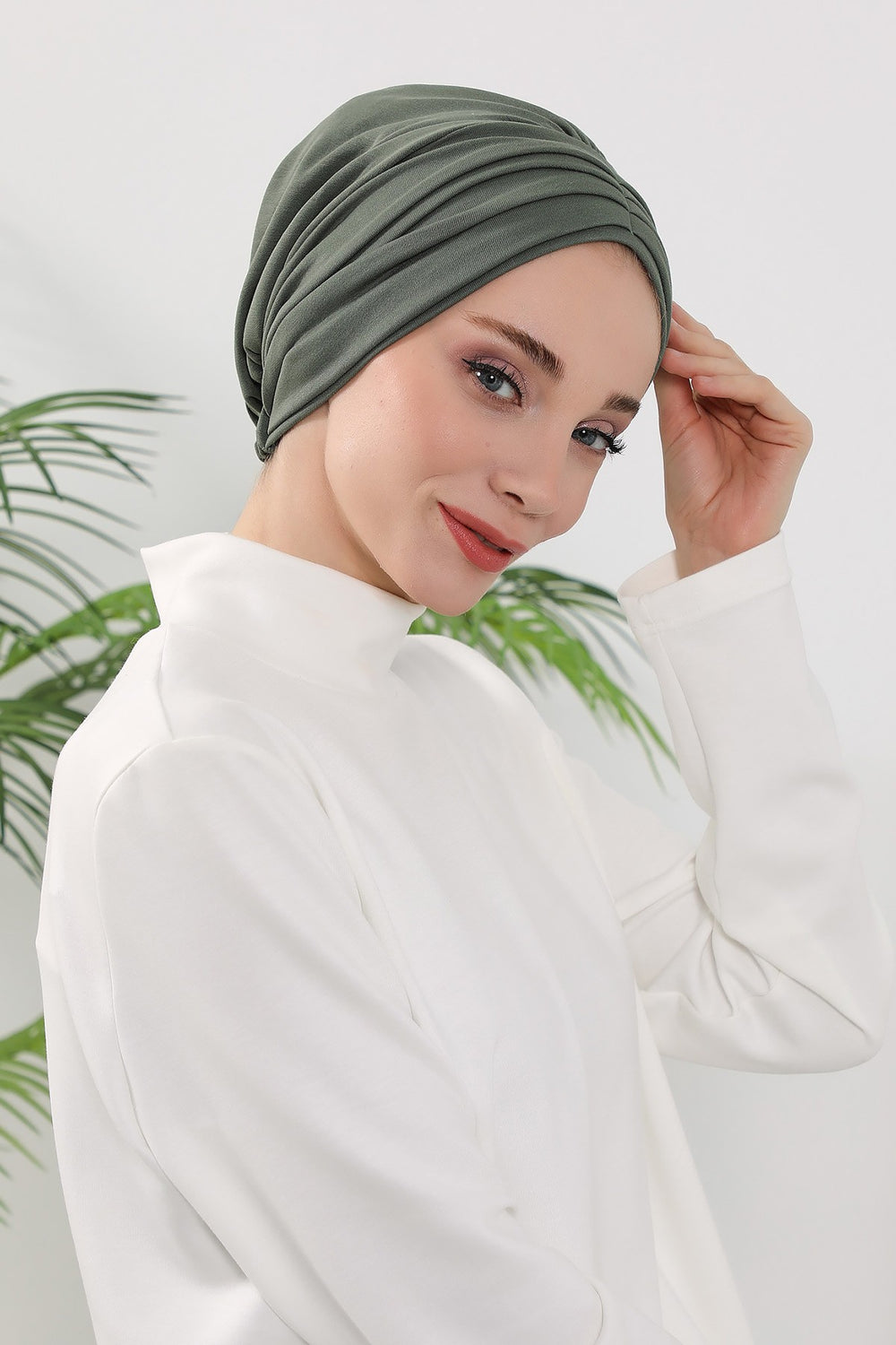 Shirred Elegance Turban for Women for All Seasons, Ready to Wear Stretchy Headwrap for Women, Breathable One Size Modest Hijab Cap for Everyday and Special Occasions,B-13O Army Green