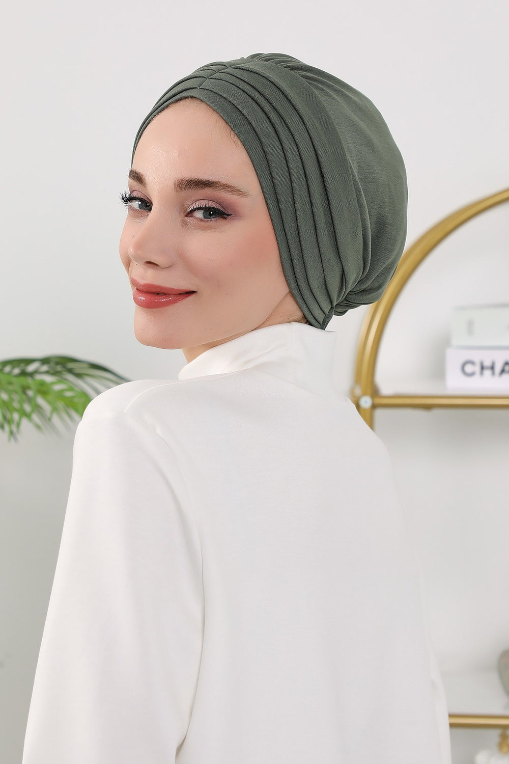 Shirred Elegance Turban for Women for All Seasons, Ready to Wear Stretchy Headwrap for Women, Breathable One Size Modest Hijab Cap for Everyday and Special Occasions,B-13O Army Green