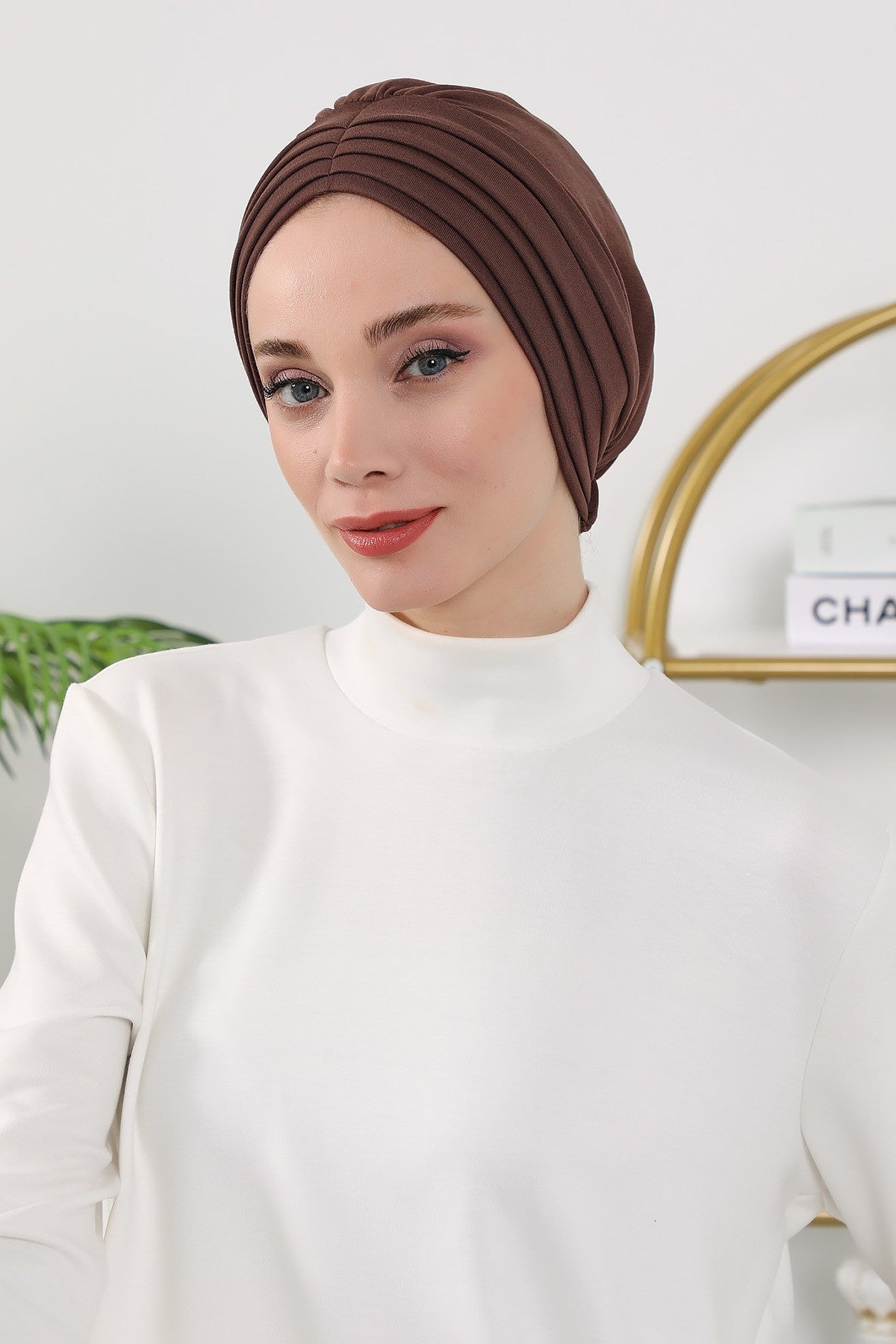 Shirred Elegance Turban for Women for All Seasons, Ready to Wear Stretchy Headwrap for Women, Breathable One Size Modest Hijab Cap for Everyday and Special Occasions,B-13O Brown