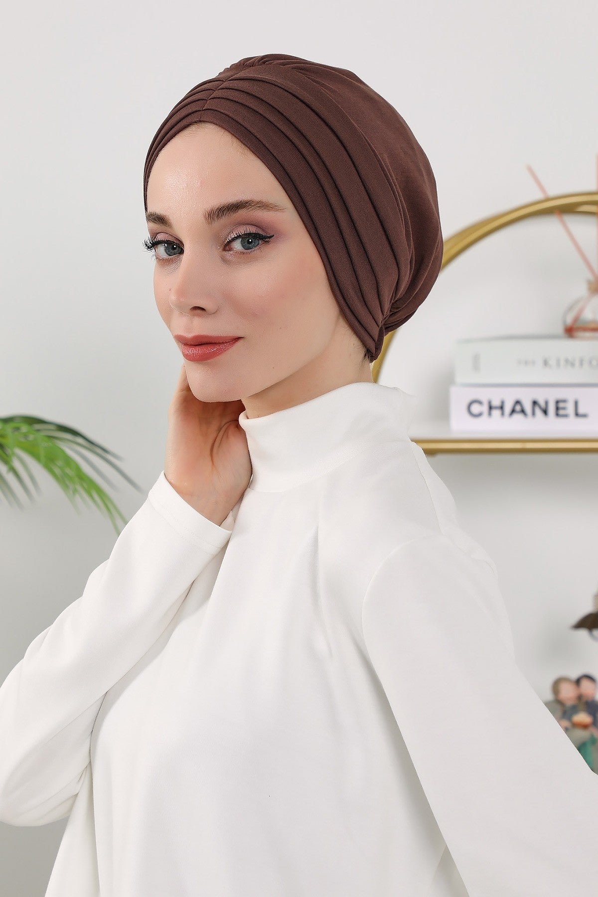 Shirred Elegance Turban for Women for All Seasons, Ready to Wear Stretchy Headwrap for Women, Breathable One Size Modest Hijab Cap for Everyday and Special Occasions,B-13O Brown