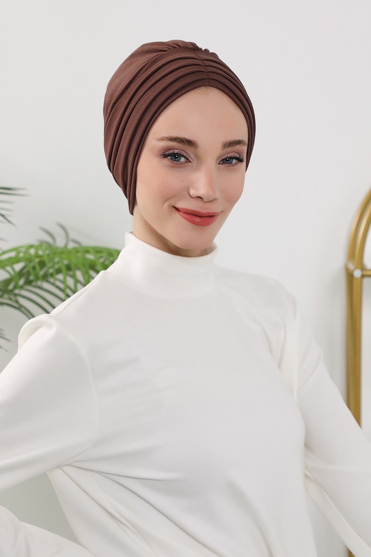 Shirred Elegance Turban for Women for All Seasons, Ready to Wear Stretchy Headwrap for Women, Breathable One Size Modest Hijab Cap for Everyday and Special Occasions,B-13O Brown