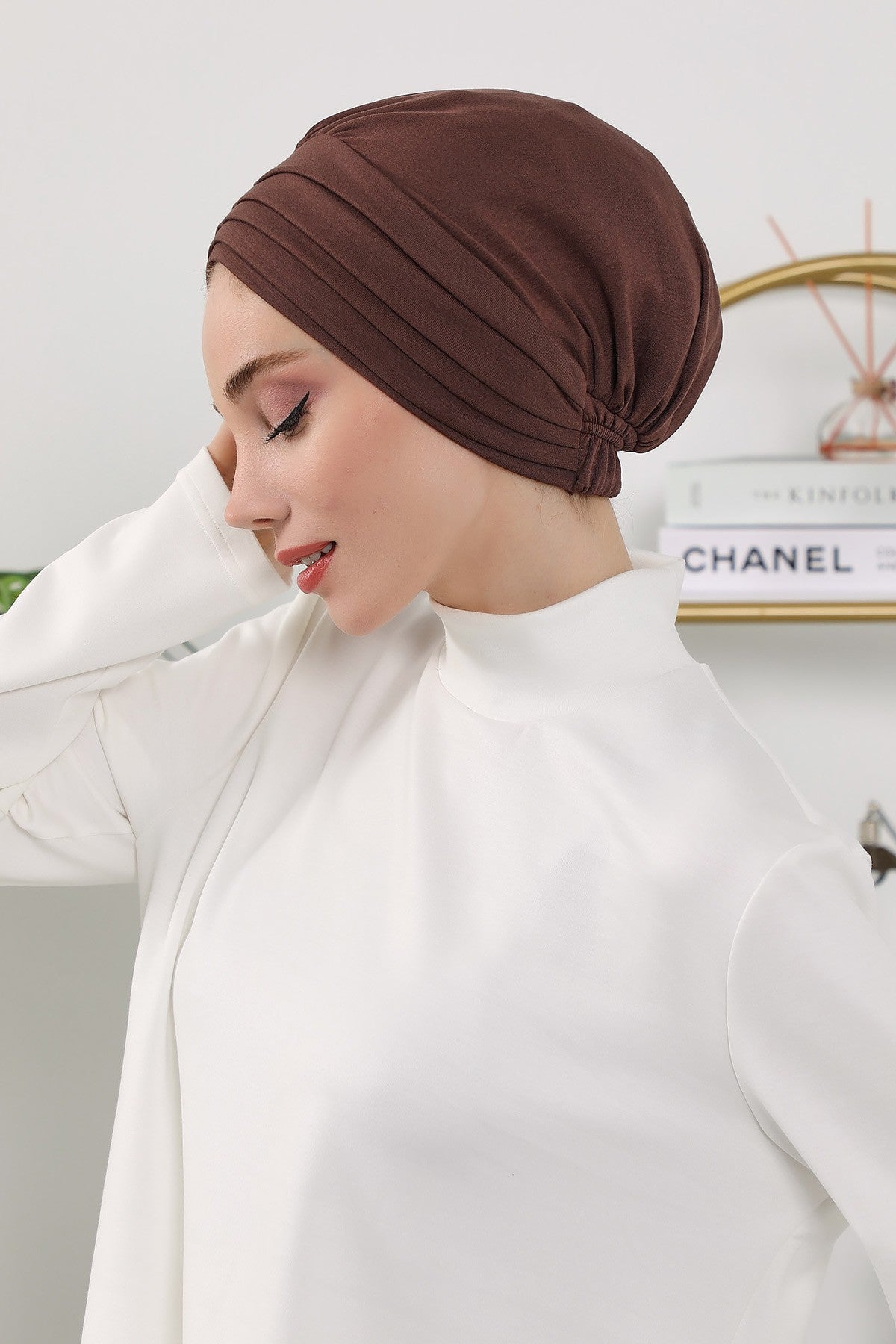 Shirred Elegance Turban for Women for All Seasons, Ready to Wear Stretchy Headwrap for Women, Breathable One Size Modest Hijab Cap for Everyday and Special Occasions,B-13O Brown
