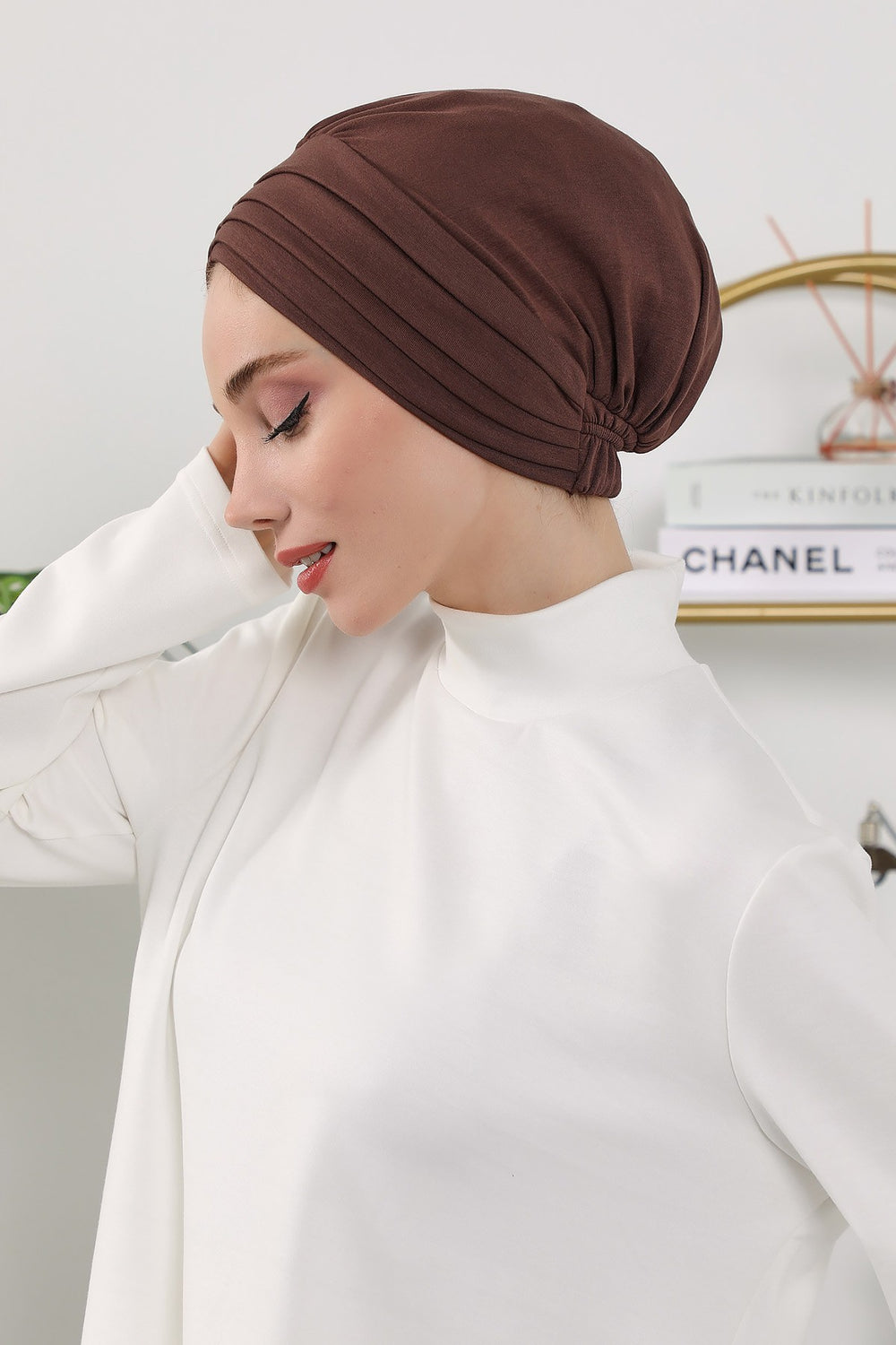 Shirred Elegance Turban for Women for All Seasons, Ready to Wear Stretchy Headwrap for Women, Breathable One Size Modest Hijab Cap for Everyday and Special Occasions,B-13O Brown