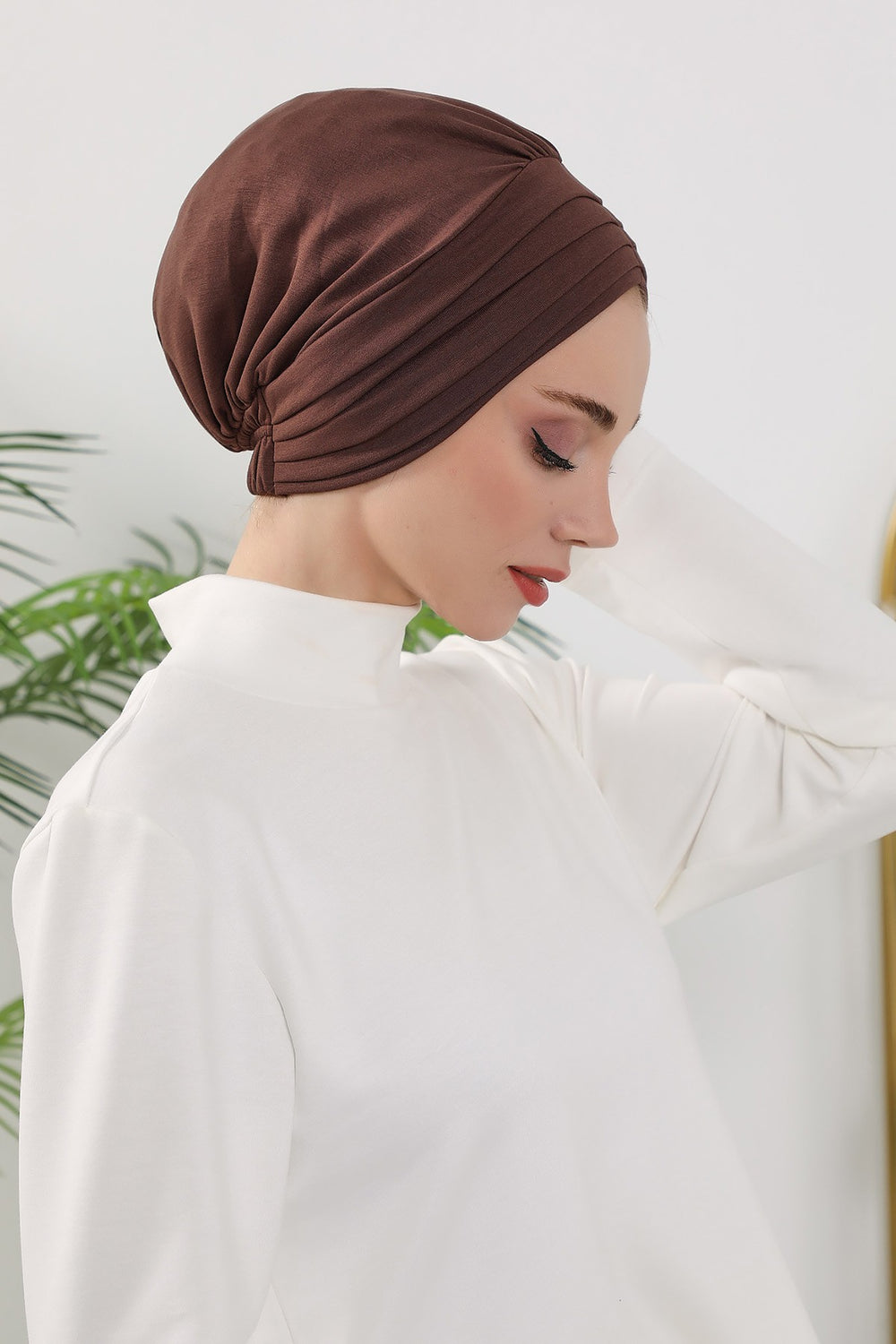 Shirred Elegance Turban for Women for All Seasons, Ready to Wear Stretchy Headwrap for Women, Breathable One Size Modest Hijab Cap for Everyday and Special Occasions,B-13O Brown