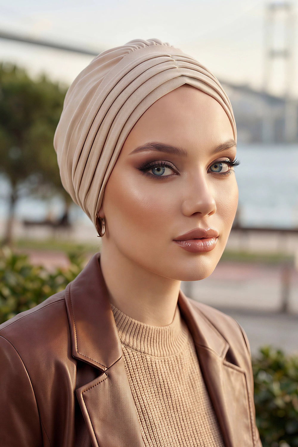 Shirred Elegance Turban for Women for All Seasons, Ready to Wear Stretchy Headwrap for Women, Breathable One Size Modest Hijab Cap for Everyday and Special Occasions,B-13O Beige