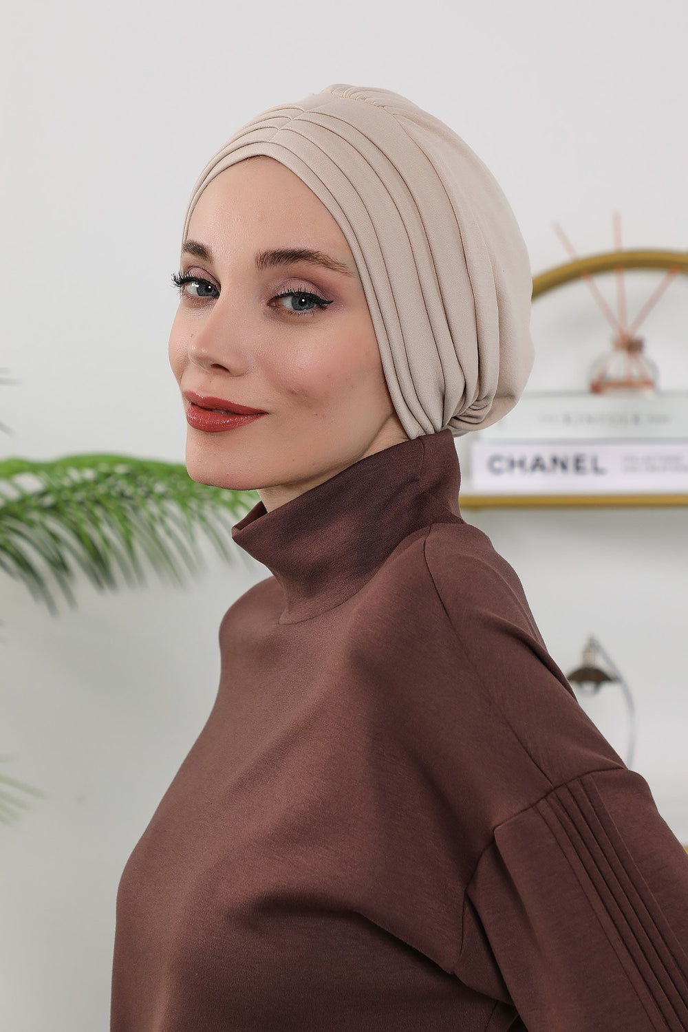 Shirred Elegance Turban for Women for All Seasons, Ready to Wear Stretchy Headwrap for Women, Breathable One Size Modest Hijab Cap for Everyday and Special Occasions,B-13O Beige