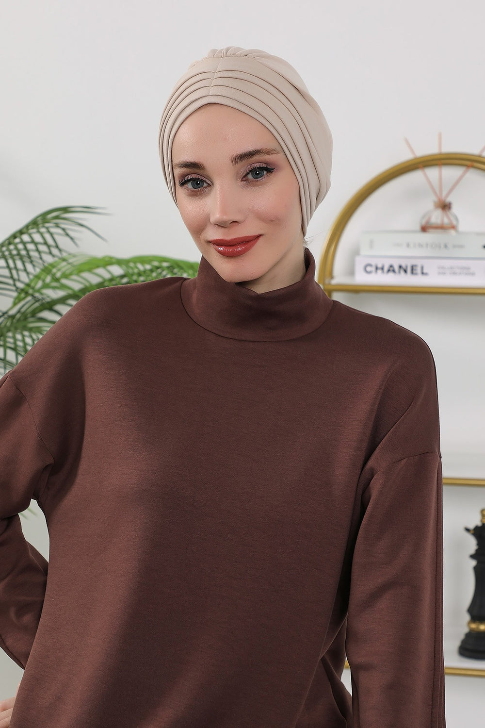 Shirred Elegance Turban for Women for All Seasons, Ready to Wear Stretchy Headwrap for Women, Breathable One Size Modest Hijab Cap for Everyday and Special Occasions,B-13O Beige