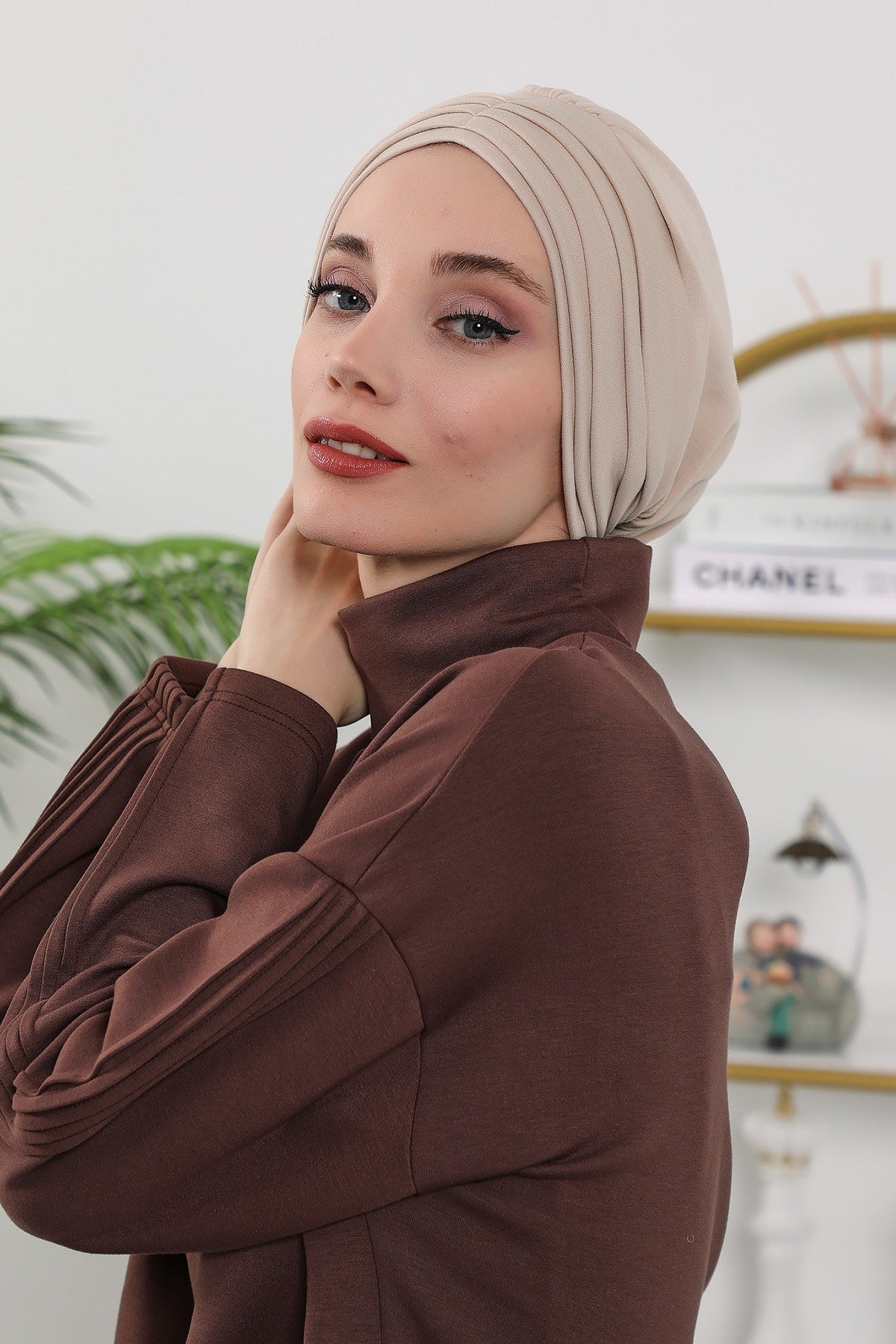 Shirred Elegance Turban for Women for All Seasons, Ready to Wear Stretchy Headwrap for Women, Breathable One Size Modest Hijab Cap for Everyday and Special Occasions,B-13O Beige
