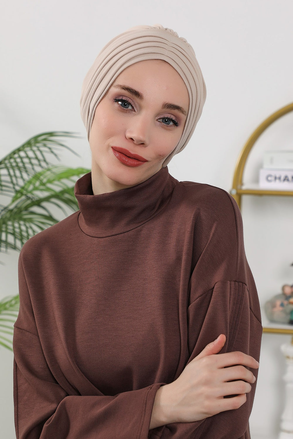 Shirred Elegance Turban for Women for All Seasons, Ready to Wear Stretchy Headwrap for Women, Breathable One Size Modest Hijab Cap for Everyday and Special Occasions,B-13O Beige