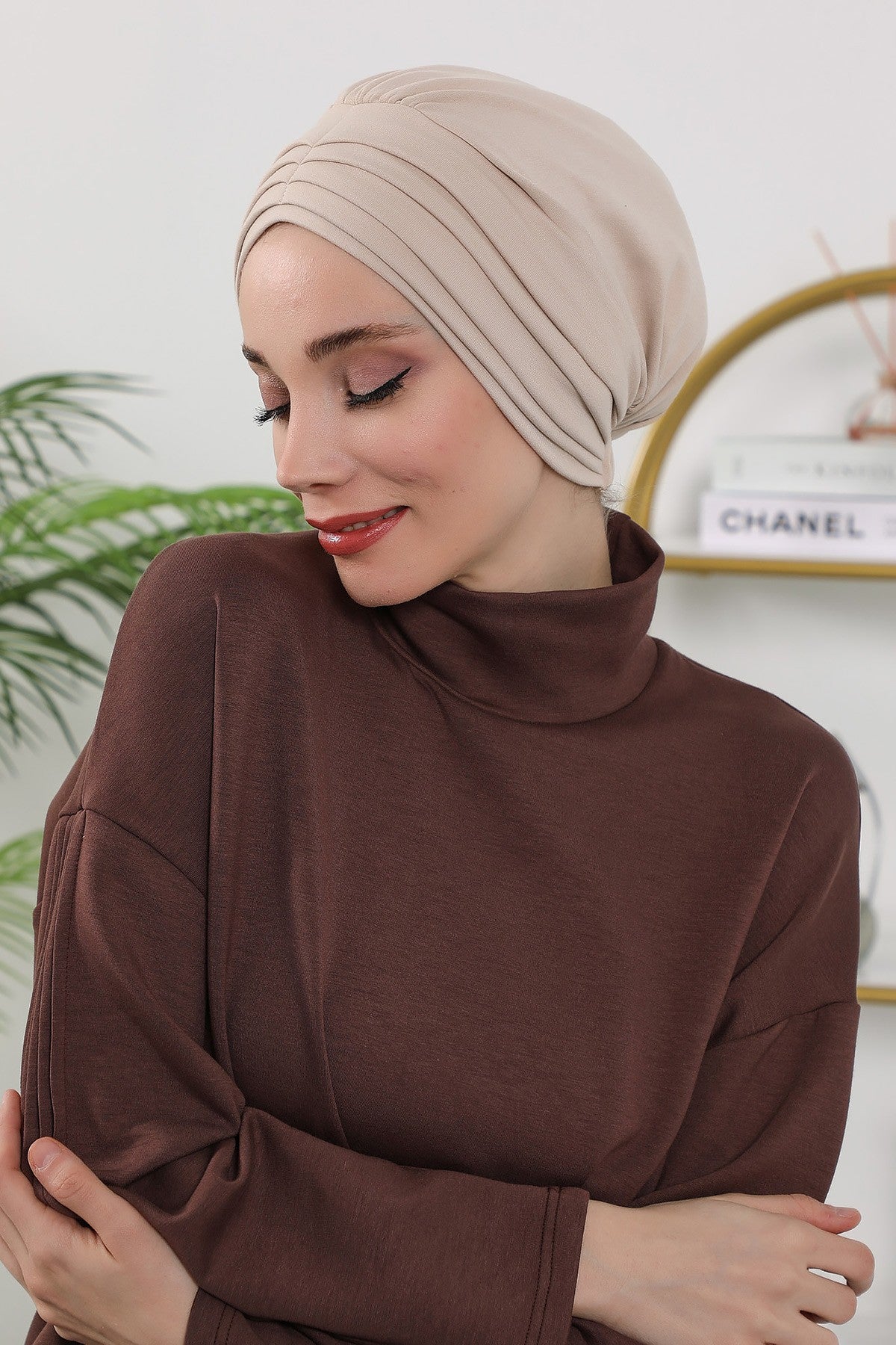 Shirred Elegance Turban for Women for All Seasons, Ready to Wear Stretchy Headwrap for Women, Breathable One Size Modest Hijab Cap for Everyday and Special Occasions,B-13O Beige