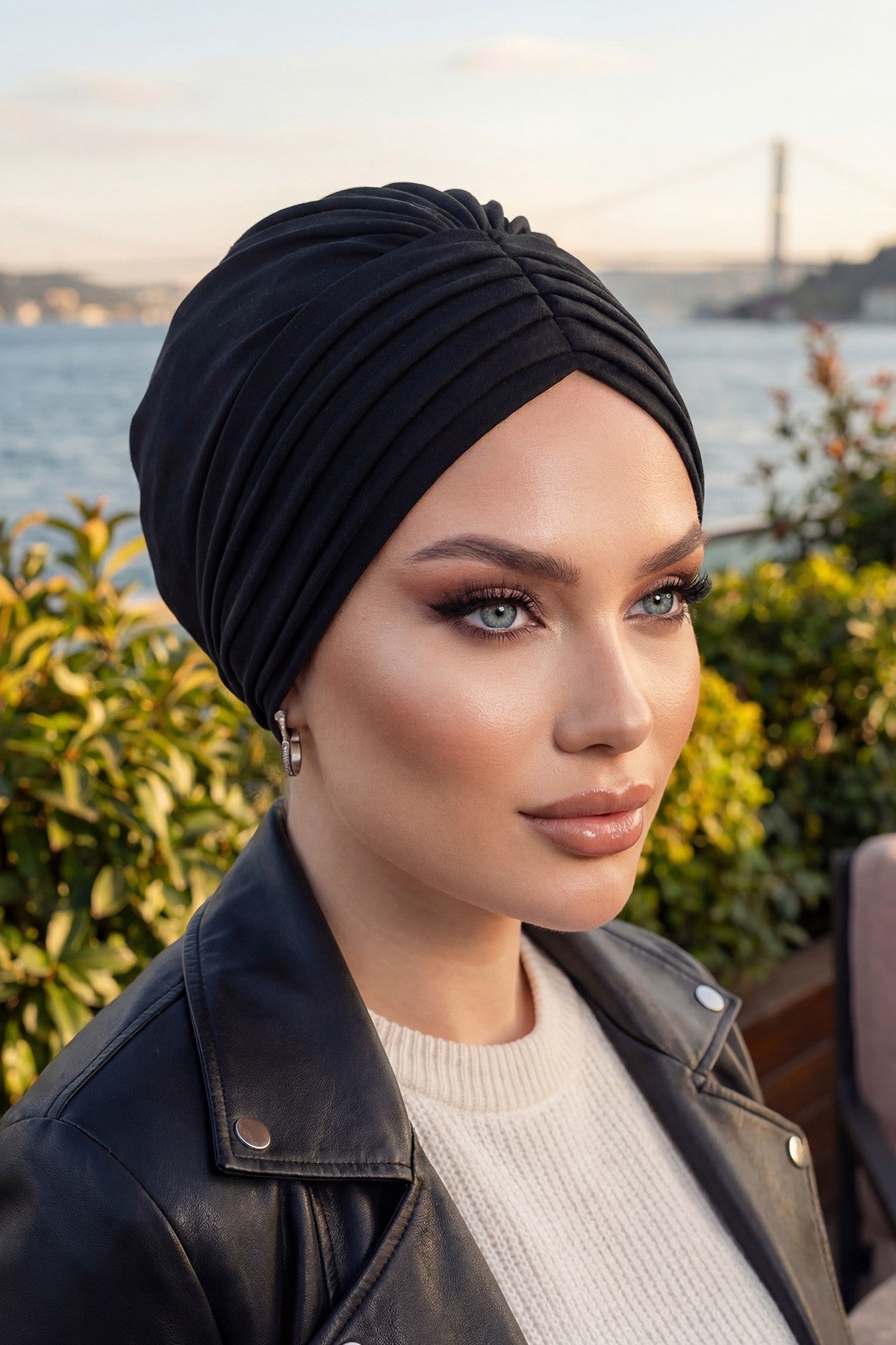 Shirred Elegance Turban for Women for All Seasons, Ready to Wear Stretchy Headwrap for Women, Breathable One Size Modest Hijab Cap for Everyday and Special Occasions,B-13O Black