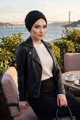 Shirred Elegance Turban for Women for All Seasons, Ready to Wear Stretchy Headwrap for Women, Breathable One Size Modest Hijab Cap for Everyday and Special Occasions,B-13O Black