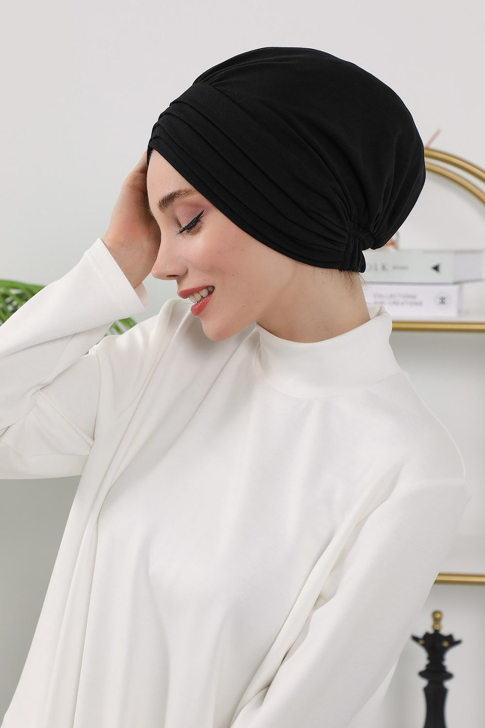 Shirred Elegance Turban for Women for All Seasons, Ready to Wear Stretchy Headwrap for Women, Breathable One Size Modest Hijab Cap for Everyday and Special Occasions,B-13O Black