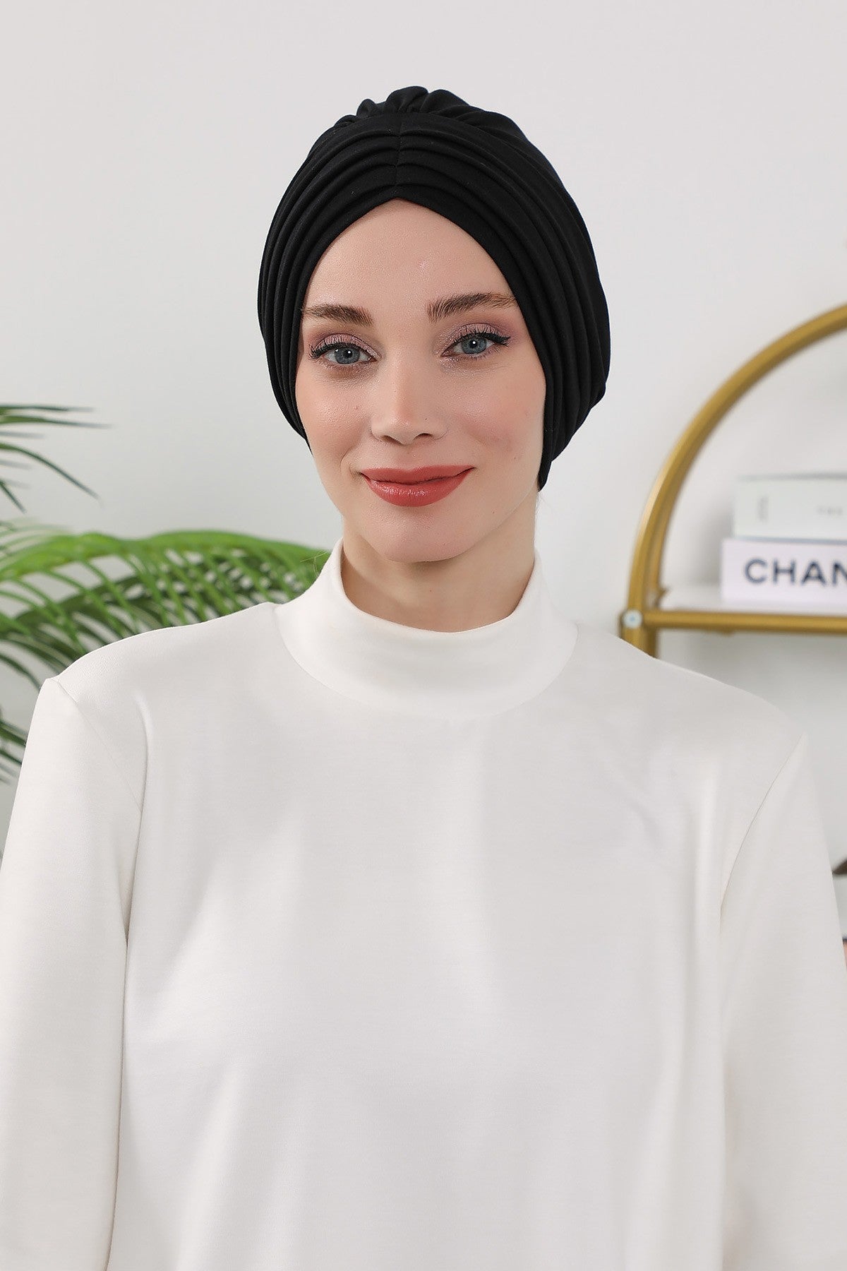 Shirred Elegance Turban for Women for All Seasons, Ready to Wear Stretchy Headwrap for Women, Breathable One Size Modest Hijab Cap for Everyday and Special Occasions,B-13O Black