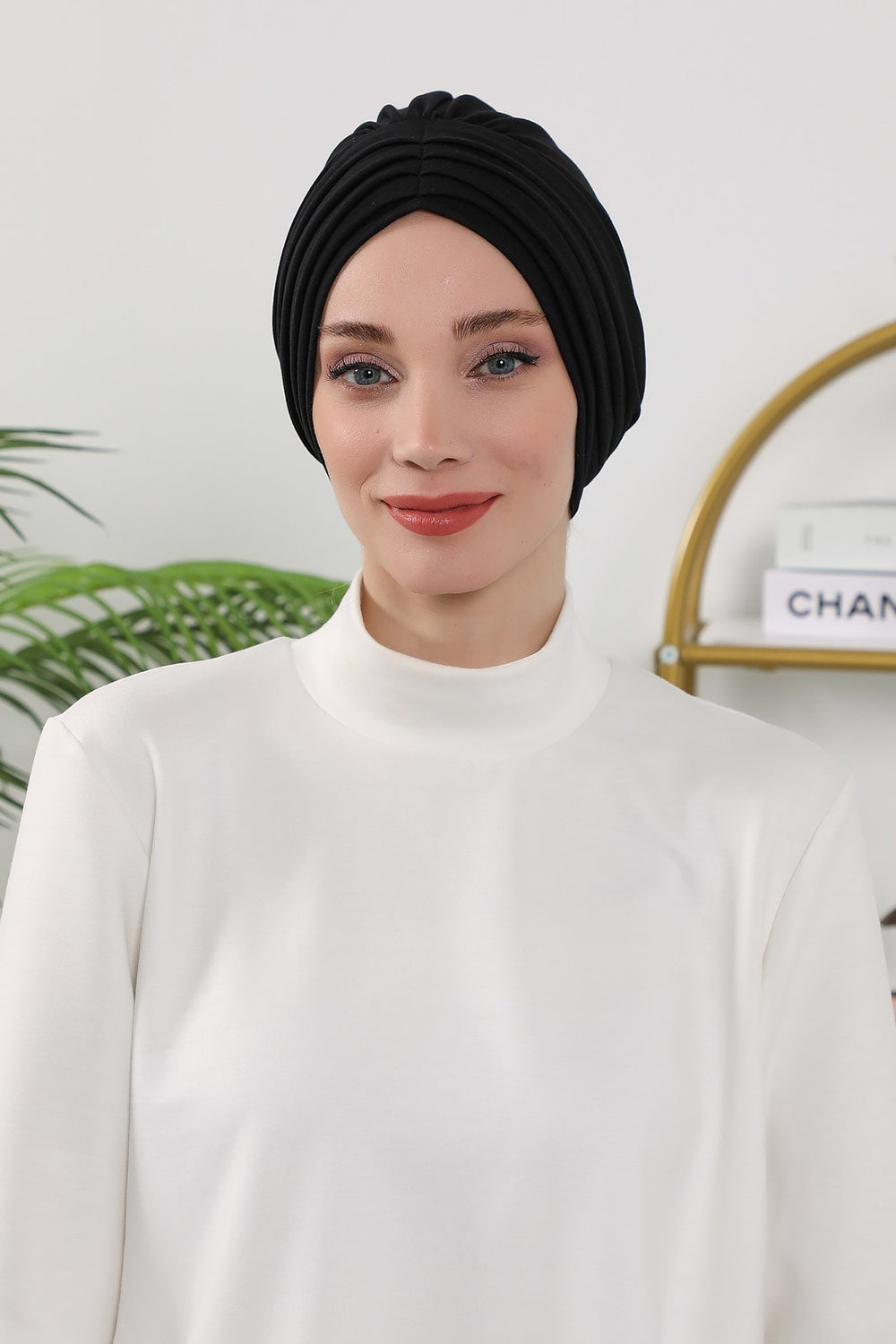 Shirred Elegance Turban for Women for All Seasons, Ready to Wear Stretchy Headwrap for Women, Breathable One Size Modest Hijab Cap for Everyday and Special Occasions,B-13O Black