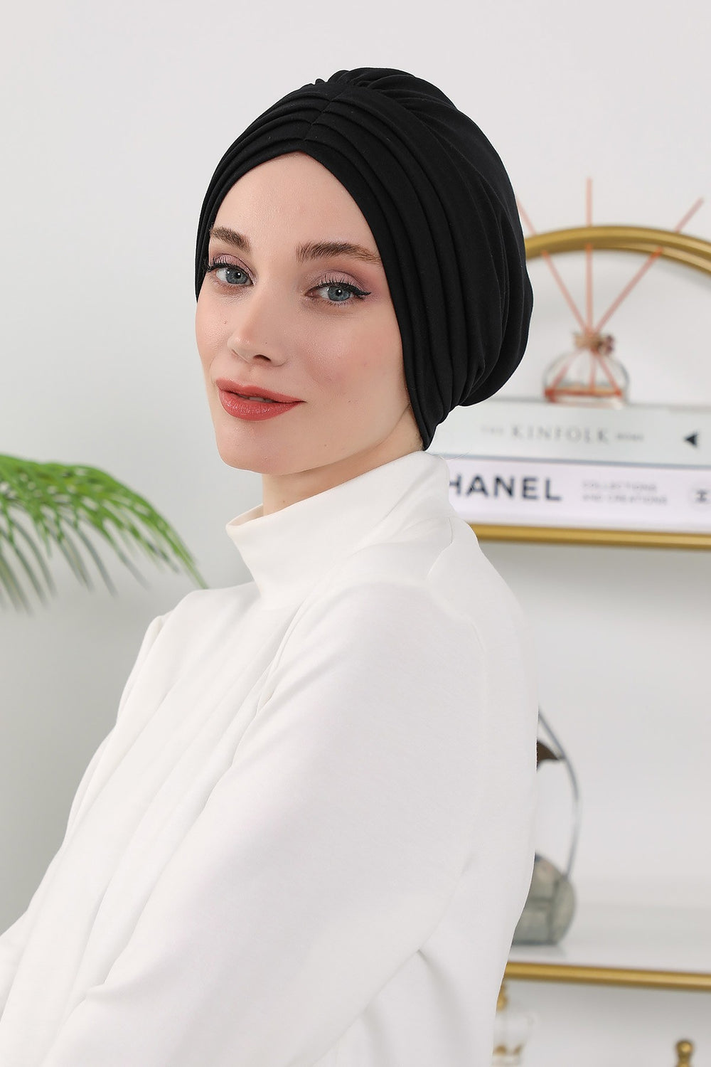 Shirred Elegance Turban for Women for All Seasons, Ready to Wear Stretchy Headwrap for Women, Breathable One Size Modest Hijab Cap for Everyday and Special Occasions,B-13O Black