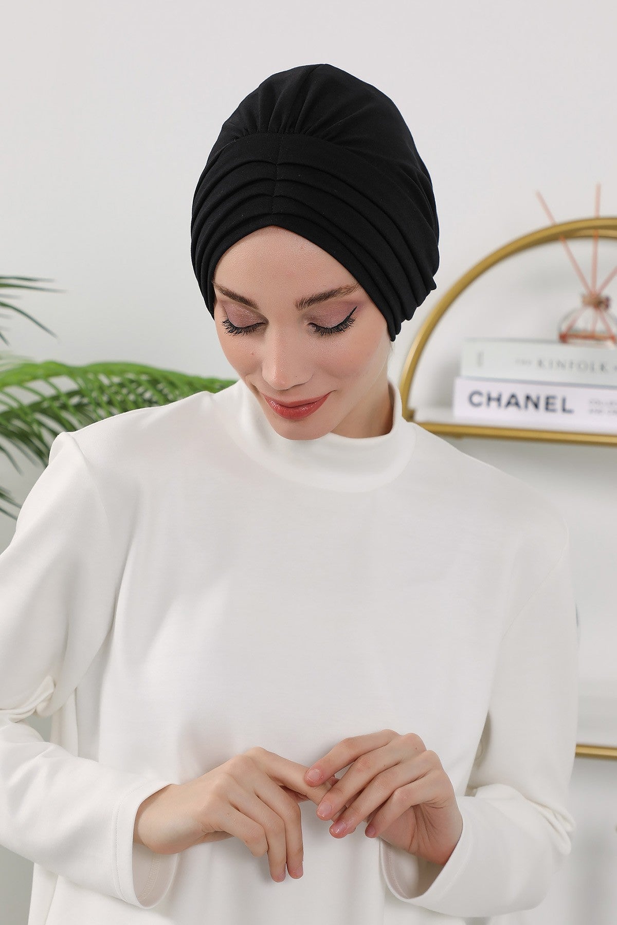 Shirred Elegance Turban for Women for All Seasons, Ready to Wear Stretchy Headwrap for Women, Breathable One Size Modest Hijab Cap for Everyday and Special Occasions,B-13O Black