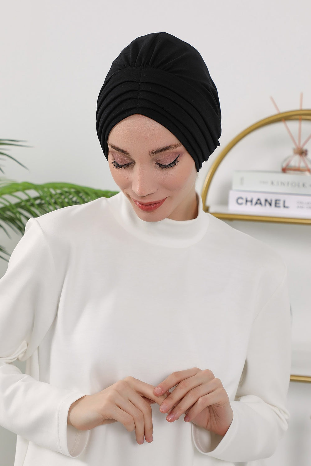 Shirred Elegance Turban for Women for All Seasons, Ready to Wear Stretchy Headwrap for Women, Breathable One Size Modest Hijab Cap for Everyday and Special Occasions,B-13O Black
