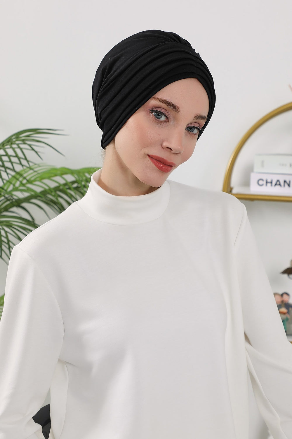 Shirred Elegance Turban for Women for All Seasons, Ready to Wear Stretchy Headwrap for Women, Breathable One Size Modest Hijab Cap for Everyday and Special Occasions,B-13O Black