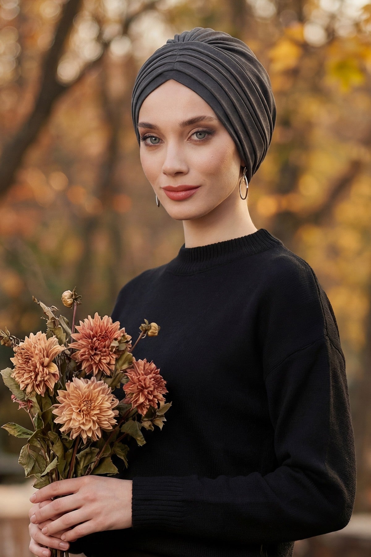 Shirred Elegance Turban for Women for All Seasons, Ready to Wear Stretchy Headwrap for Women, Breathable One Size Modest Hijab Cap for Everyday and Special Occasions,B-13O Anthracite
