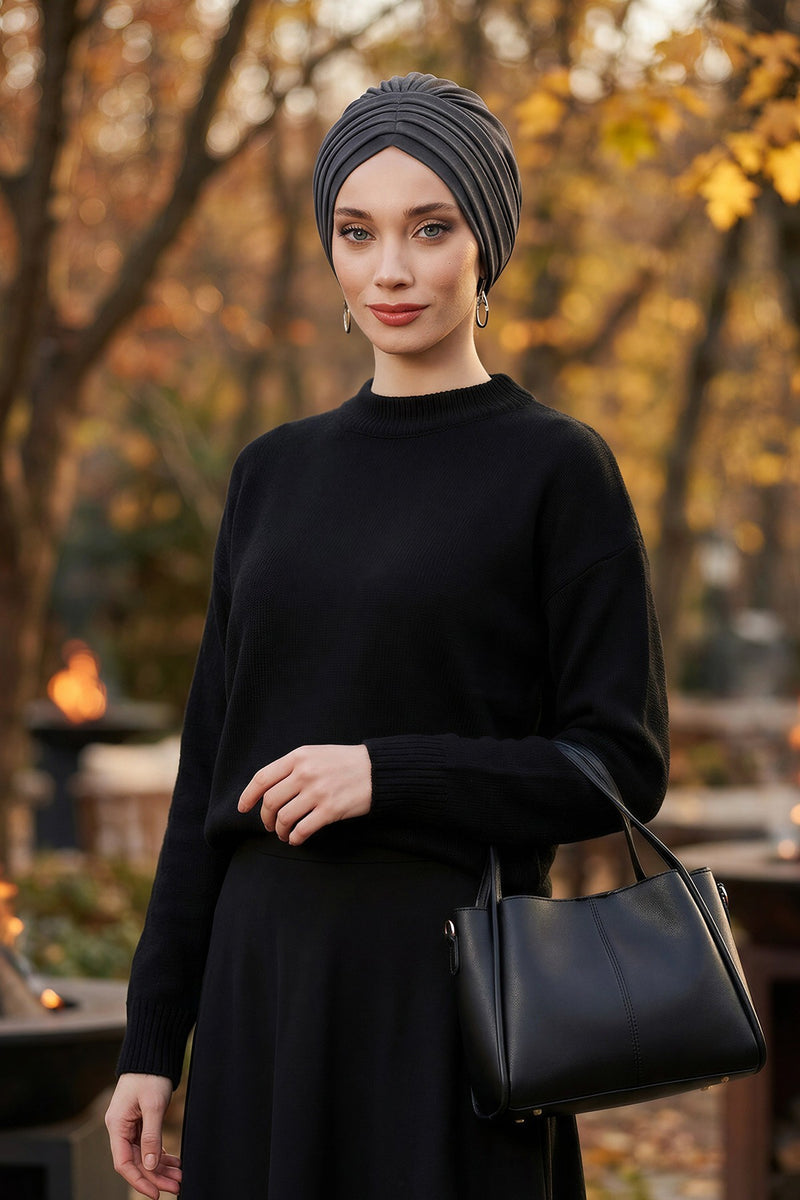 Shirred Elegance Turban for Women for All Seasons, Ready to Wear Stretchy Headwrap for Women, Breathable One Size Modest Hijab Cap for Everyday and Special Occasions,B-13O