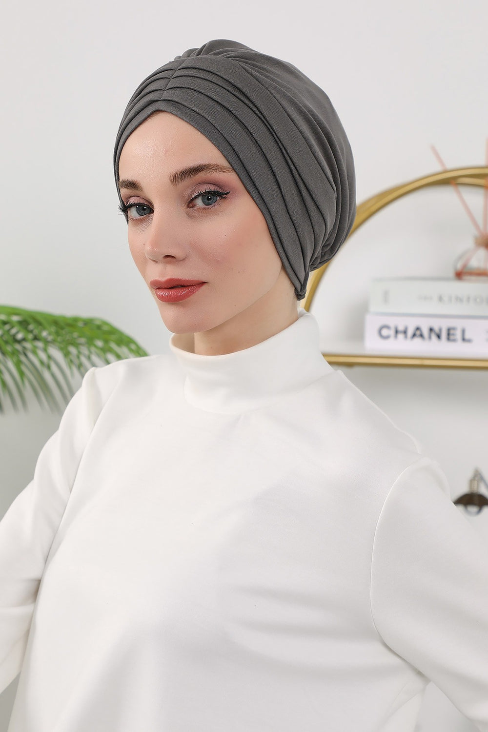 Shirred Elegance Turban for Women for All Seasons, Ready to Wear Stretchy Headwrap for Women, Breathable One Size Modest Hijab Cap for Everyday and Special Occasions,B-13O Anthracite