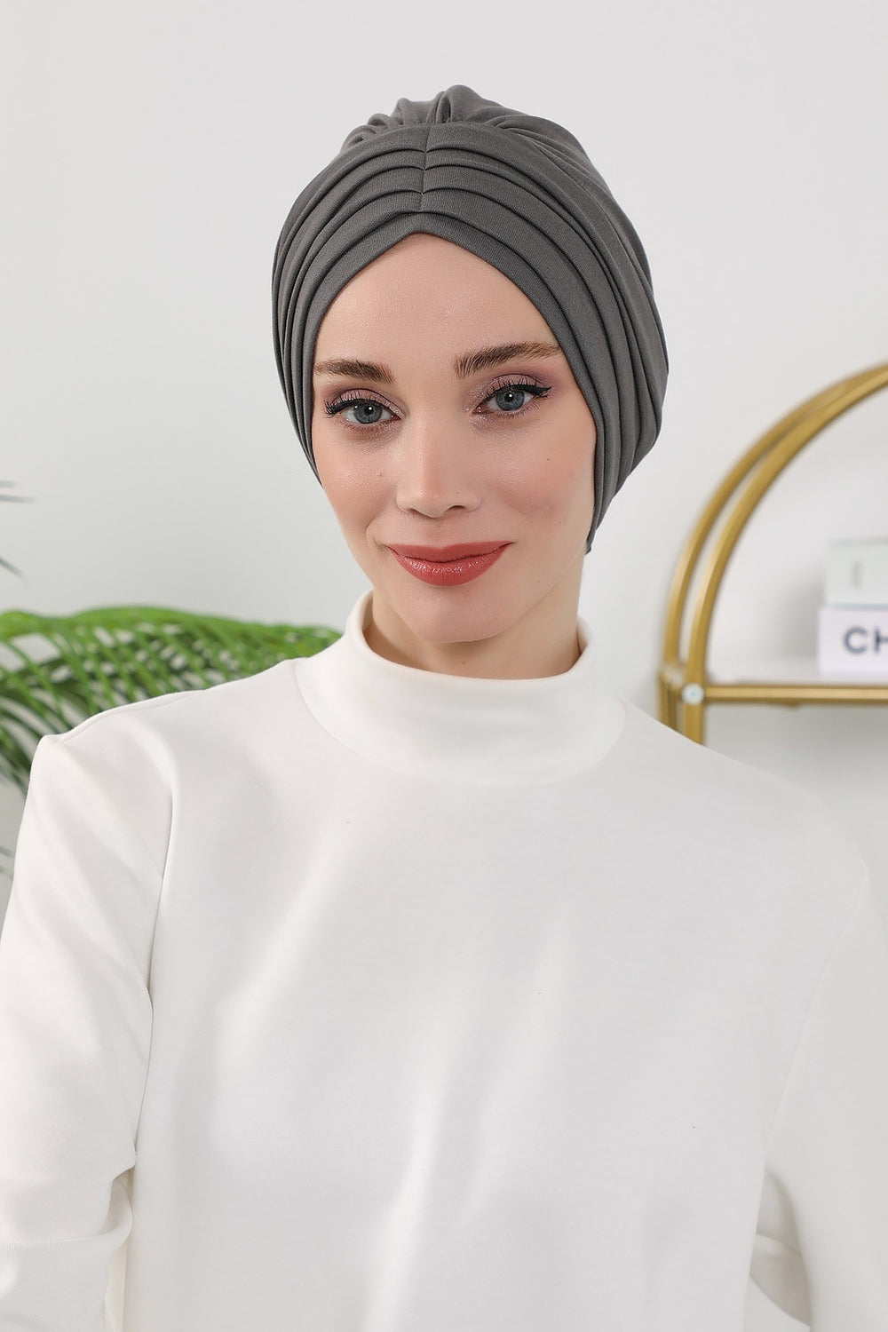 Shirred Elegance Turban for Women for All Seasons, Ready to Wear Stretchy Headwrap for Women, Breathable One Size Modest Hijab Cap for Everyday and Special Occasions,B-13O Anthracite