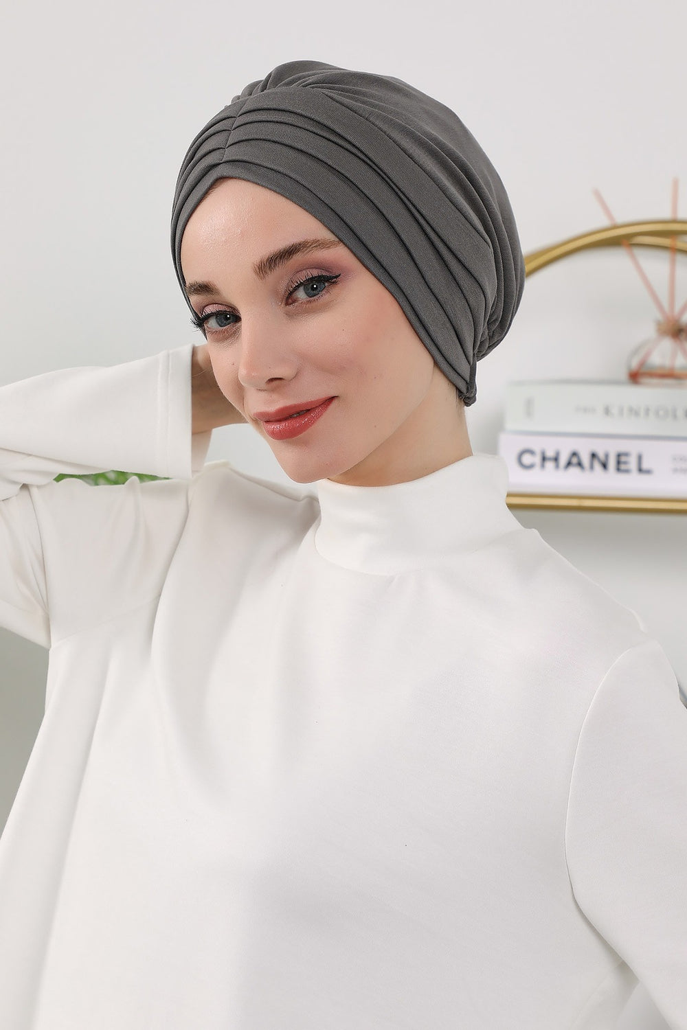 Shirred Elegance Turban for Women for All Seasons, Ready to Wear Stretchy Headwrap for Women, Breathable One Size Modest Hijab Cap for Everyday and Special Occasions,B-13O Anthracite