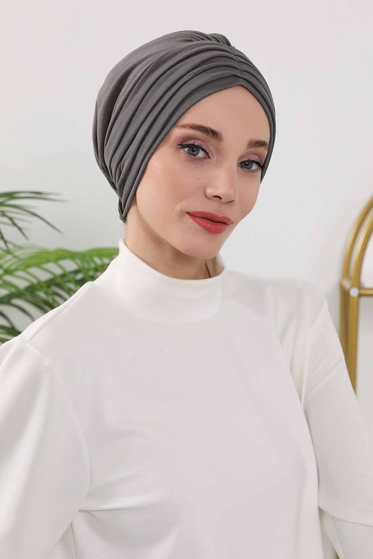 Shirred Elegance Turban for Women for All Seasons, Ready to Wear Stretchy Headwrap for Women, Breathable One Size Modest Hijab Cap for Everyday and Special Occasions,B-13O Anthracite