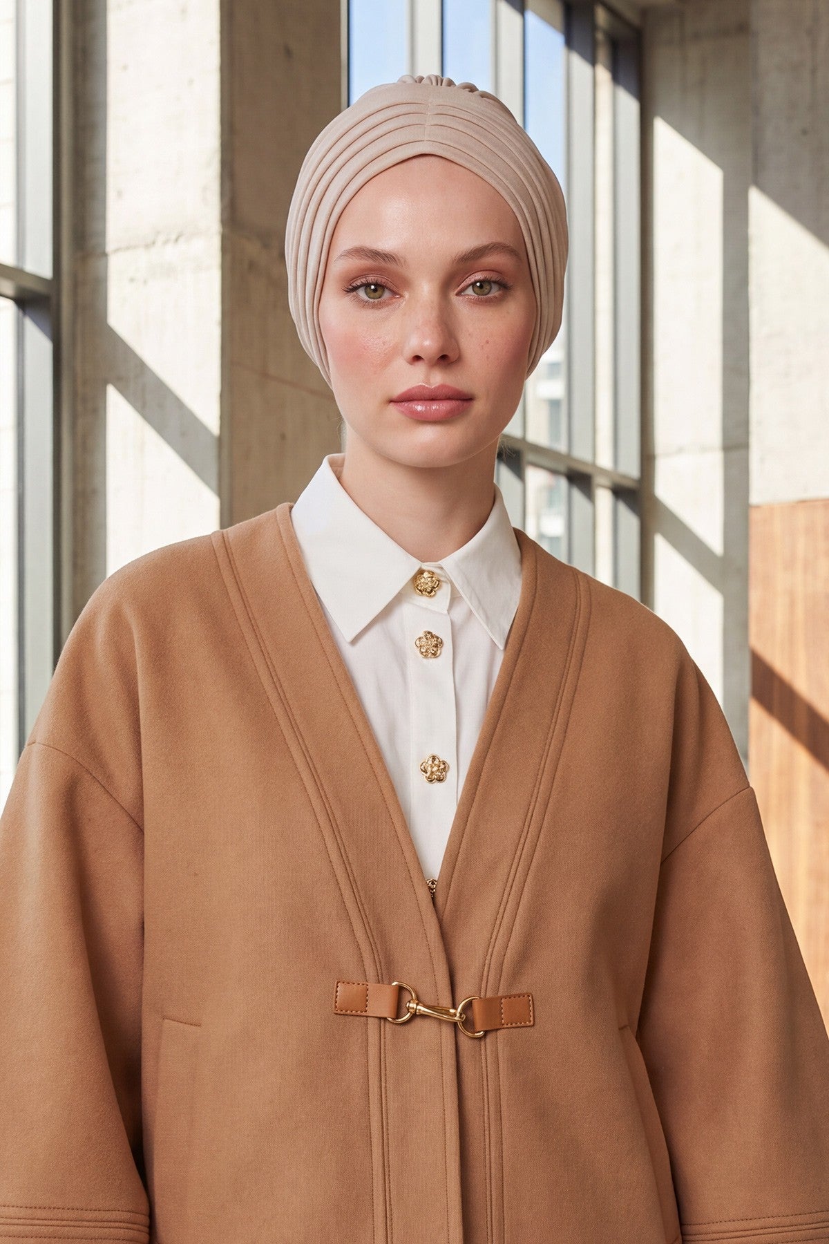 Shirred Elegance Turban for Women for All Seasons, Ready to Wear Stretchy Headwrap for Women, Breathable One Size Modest Hijab Cap for Everyday and Special Occasions,B-13O Beige