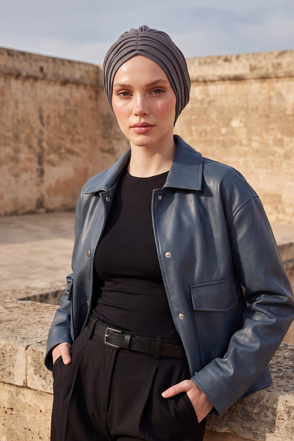 Shirred Elegance Turban for Women for All Seasons, Ready to Wear Stretchy Headwrap for Women, Breathable One Size Modest Hijab Cap for Everyday and Special Occasions,B-13O Anthracite