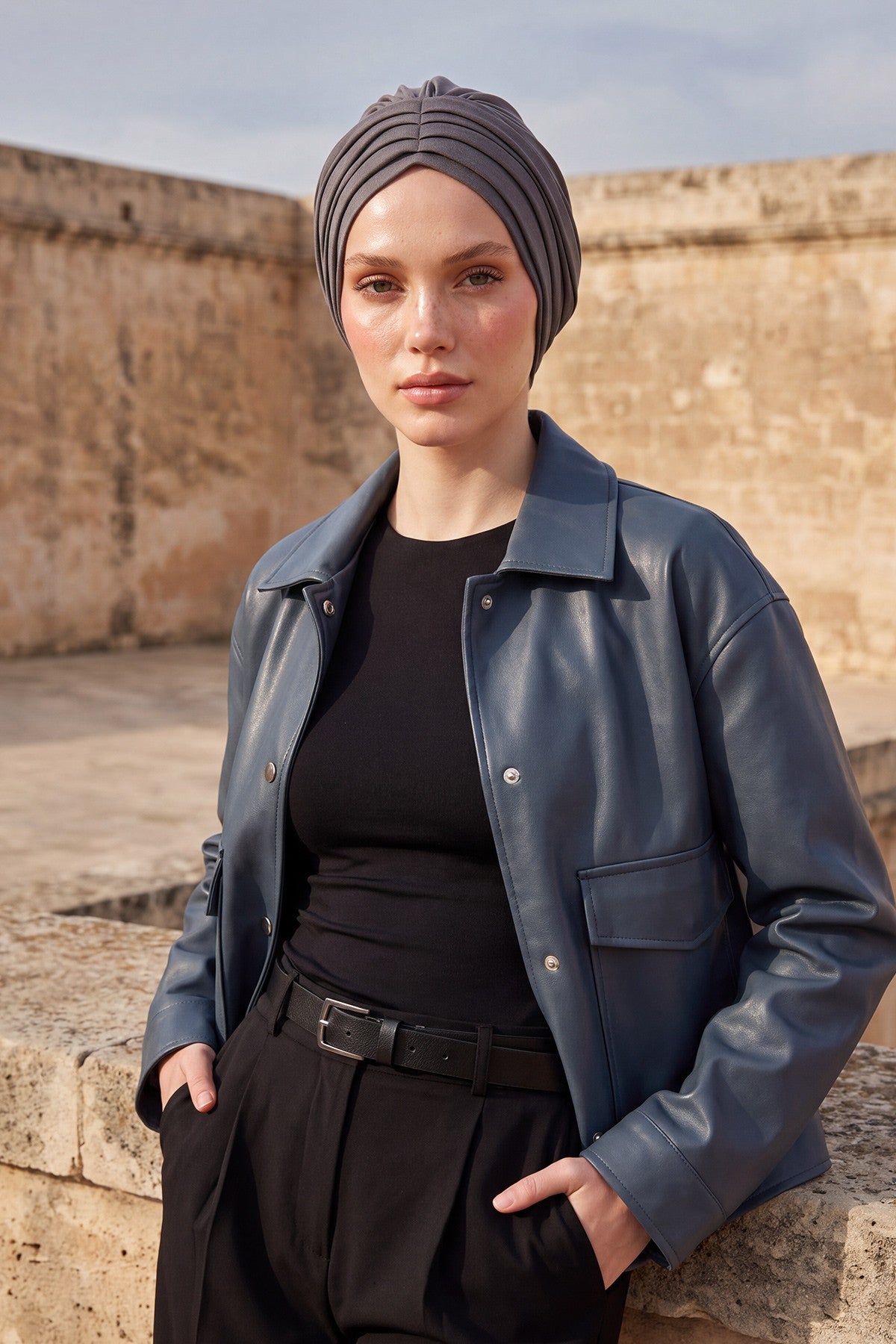 Shirred Elegance Turban for Women for All Seasons, Ready to Wear Stretchy Headwrap for Women, Breathable One Size Modest Hijab Cap for Everyday and Special Occasions,B-13O Anthracite