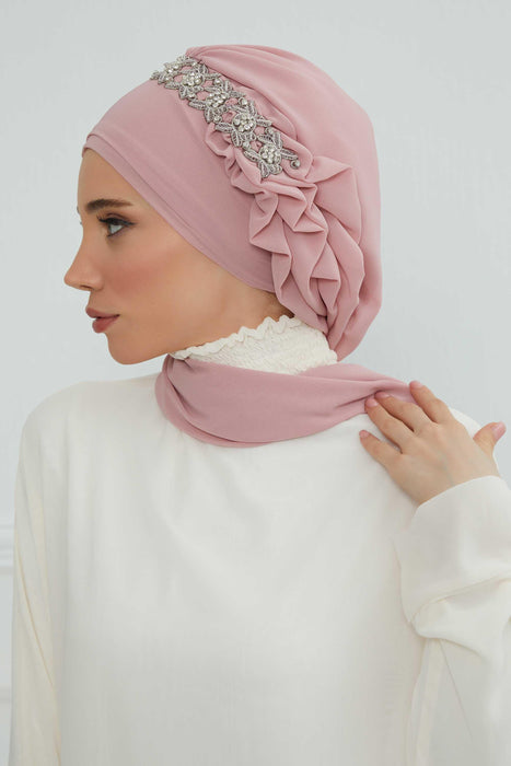 Side Frilled Instant Turban Chiffon Scarf Head Turbans with Unique Accessory For Women Headwear Stylish Elegant Design,HT-100 Powder