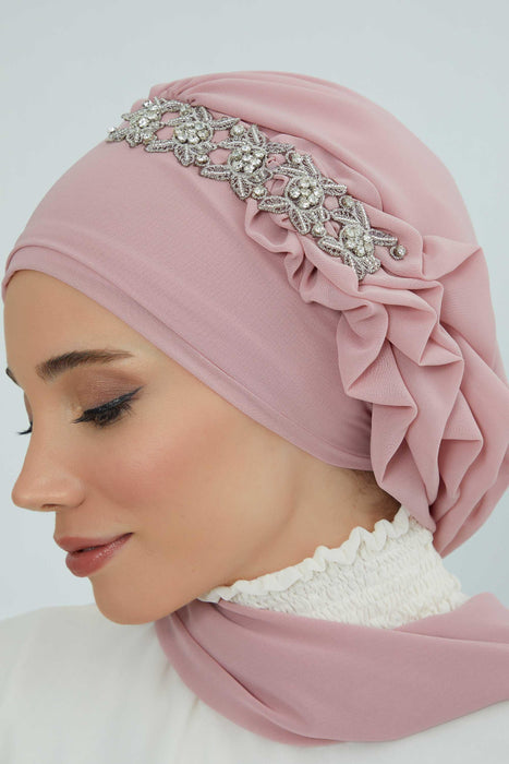 Side Frilled Instant Turban Chiffon Scarf Head Turbans with Unique Accessory For Women Headwear Stylish Elegant Design,HT-100 Powder