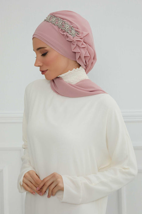 Side Frilled Instant Turban Chiffon Scarf Head Turbans with Unique Accessory For Women Headwear Stylish Elegant Design,HT-100 Powder
