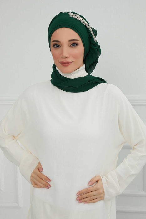 Side Frilled Instant Turban Chiffon Scarf Head Turbans with Unique Accessory For Women Headwear Stylish Elegant Design,HT-100 Dark Green