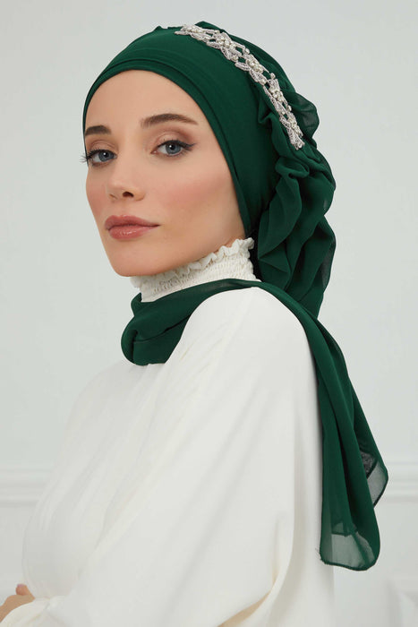 Side Frilled Instant Turban Chiffon Scarf Head Turbans with Unique Accessory For Women Headwear Stylish Elegant Design,HT-100 Dark Green
