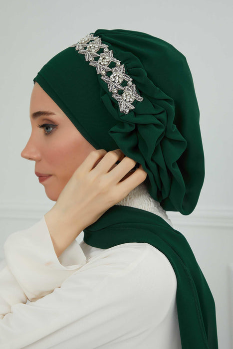 Side Frilled Instant Turban Chiffon Scarf Head Turbans with Unique Accessory For Women Headwear Stylish Elegant Design,HT-100