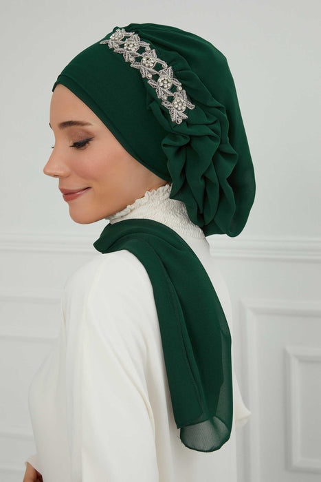 Side Frilled Instant Turban Chiffon Scarf Head Turbans with Unique Accessory For Women Headwear Stylish Elegant Design,HT-100 Dark Green